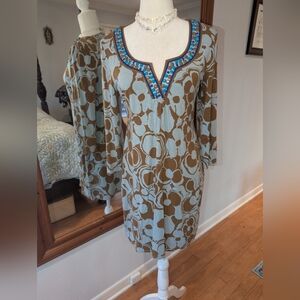 Boden Blue and Brown Embellished V-Neck Long Sleeve Dress